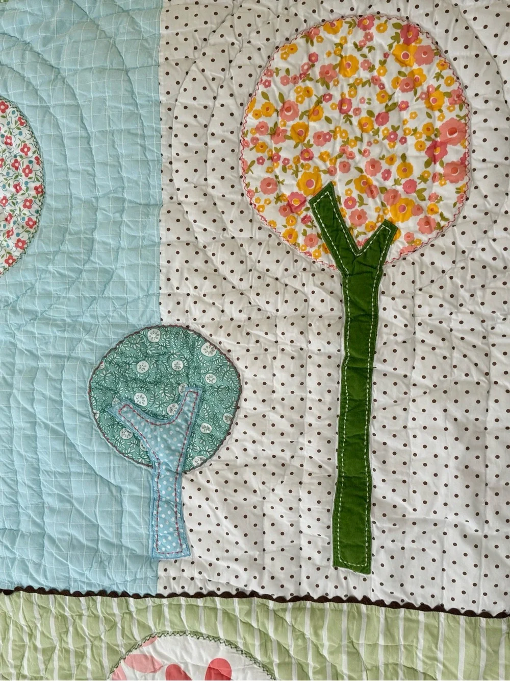 Retired Pottery Barn Kids Twin Brooke Patchwork Tree Quilt in Green, Blue & Pink